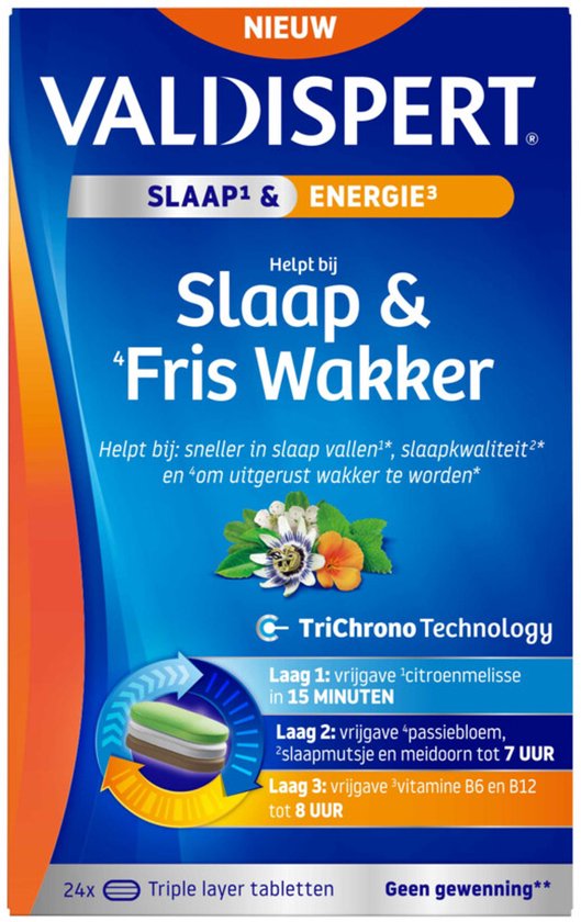 Valdispert Slaap & Fris wakker doos met bloemen en TriChrono Technology. De verpakking is blauw met oranje accenten.