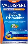Valdispert Slaap & Fris wakker doos met bloemen en TriChrono Technology. De verpakking is blauw met oranje accenten.