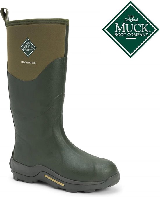 Groene Muck Boot Muckmaster laars met logo en witte rand bovenaan.