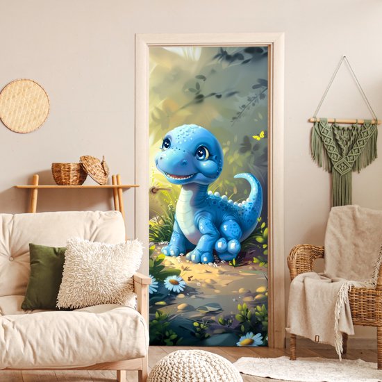 Deurposter 80x205 cm - Deursticker Dino - Blauw - Baby - Dinosaurus - Meubelfolie zelfklevend - Deurfolie kinderkamer - Muurstickers kinderen - Deur plakfolie - Deurbehang sticker - Babykamer decoratie accessoires