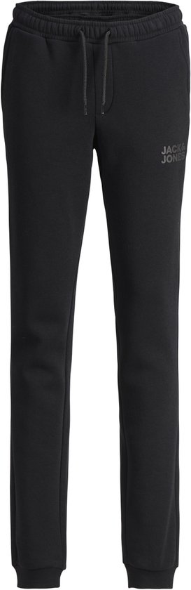 Zwarte joggingbroek met grijs logo en trekkoord.