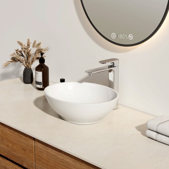 EMKE Vasque à Poser Ovale - Céramique - Wit Brillant - 41,5x33,5x13 cm - Lavabo de Salle de Bain