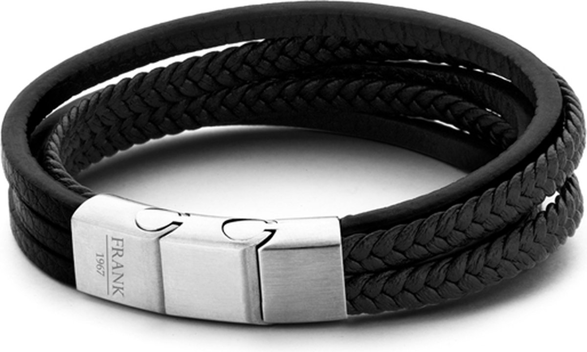Frank 1967 7FB-0192 - Heren armband met staal element - gevlochten leer - multilayer - lengte 21 cm - zwart