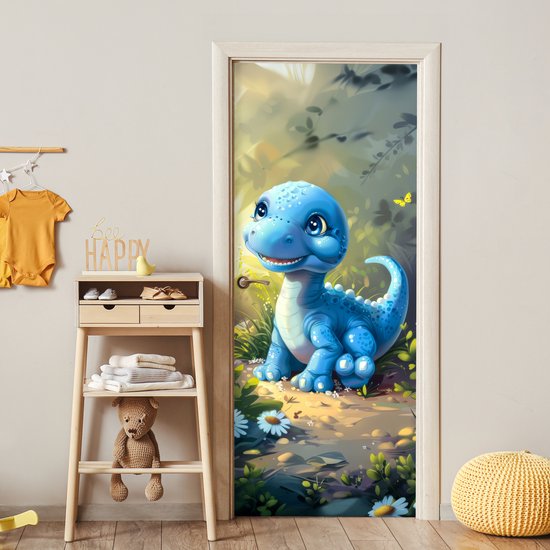 Deurposter 80x205 cm - Deursticker Dino - Blauw - Baby - Dinosaurus - Meubelfolie zelfklevend - Deurfolie kinderkamer - Muurstickers kinderen - Deur plakfolie - Deurbehang sticker - Babykamer decoratie accessoires