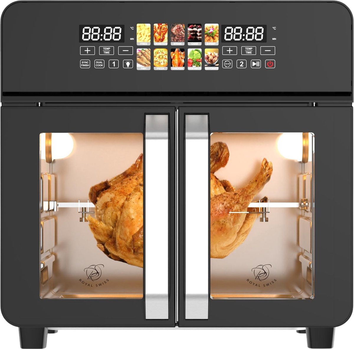Royal Swiss® Airfryer Oven 23L – XXL Heteluchtfriteuse met Dubbele Deur – 2400W – Touchscreen, 10 Programma’s, Temperatuur 50-200°C, Antiaanbaklaag & Oververhittingsbeveiliging