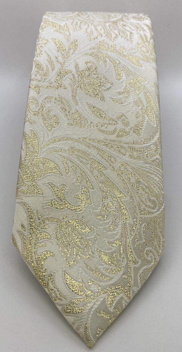 QTie - Luxe stropdas Georgia - 85mm breed - 100% zijde - Wit - Creme met Goud