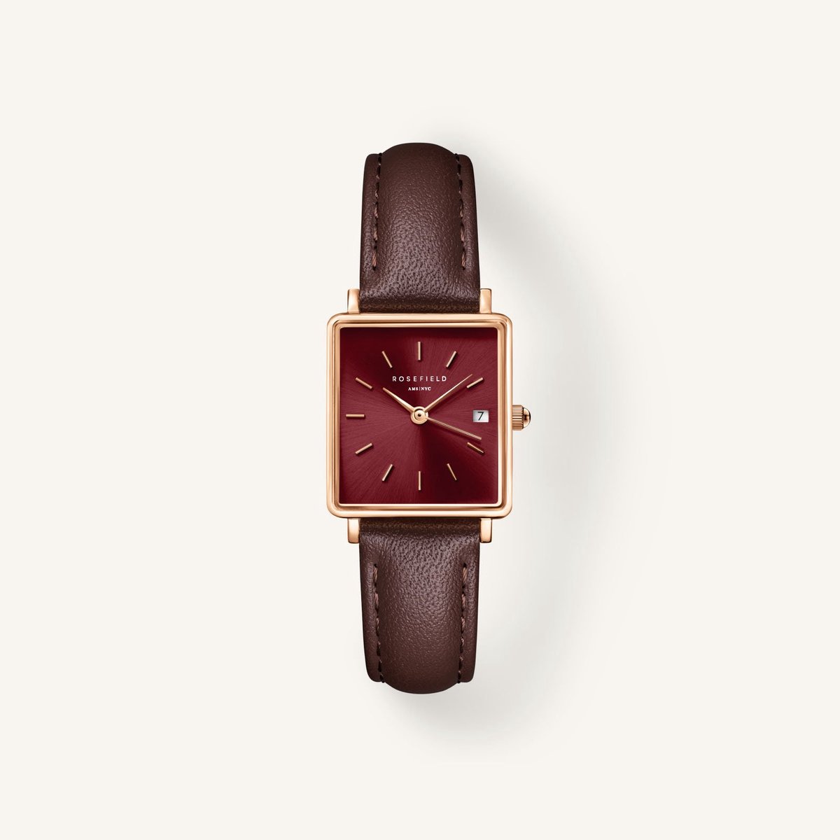 Bruin leren Rosefield boxy xs horloge met burgundy wijzerplaat | Bruin bordeaux rood | 22 x 24 mm | Rosefield
