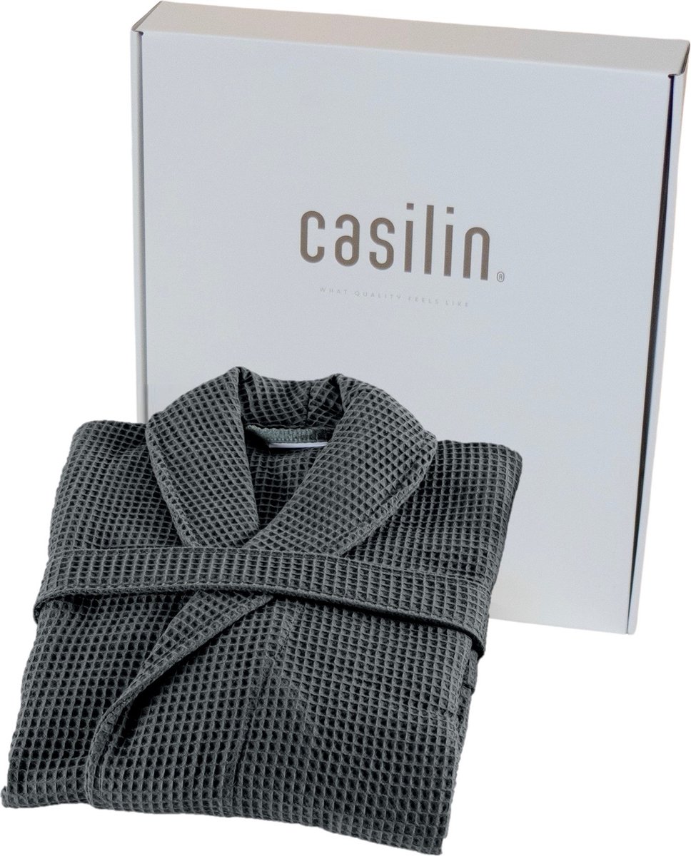 Casilin - Badjas Dames en Heren - Maat M - Wafel Badjas Cadeau voor Hem en Haar in Luxe Geschenkdoos - 100% katoen - Absorberend - Grijs
