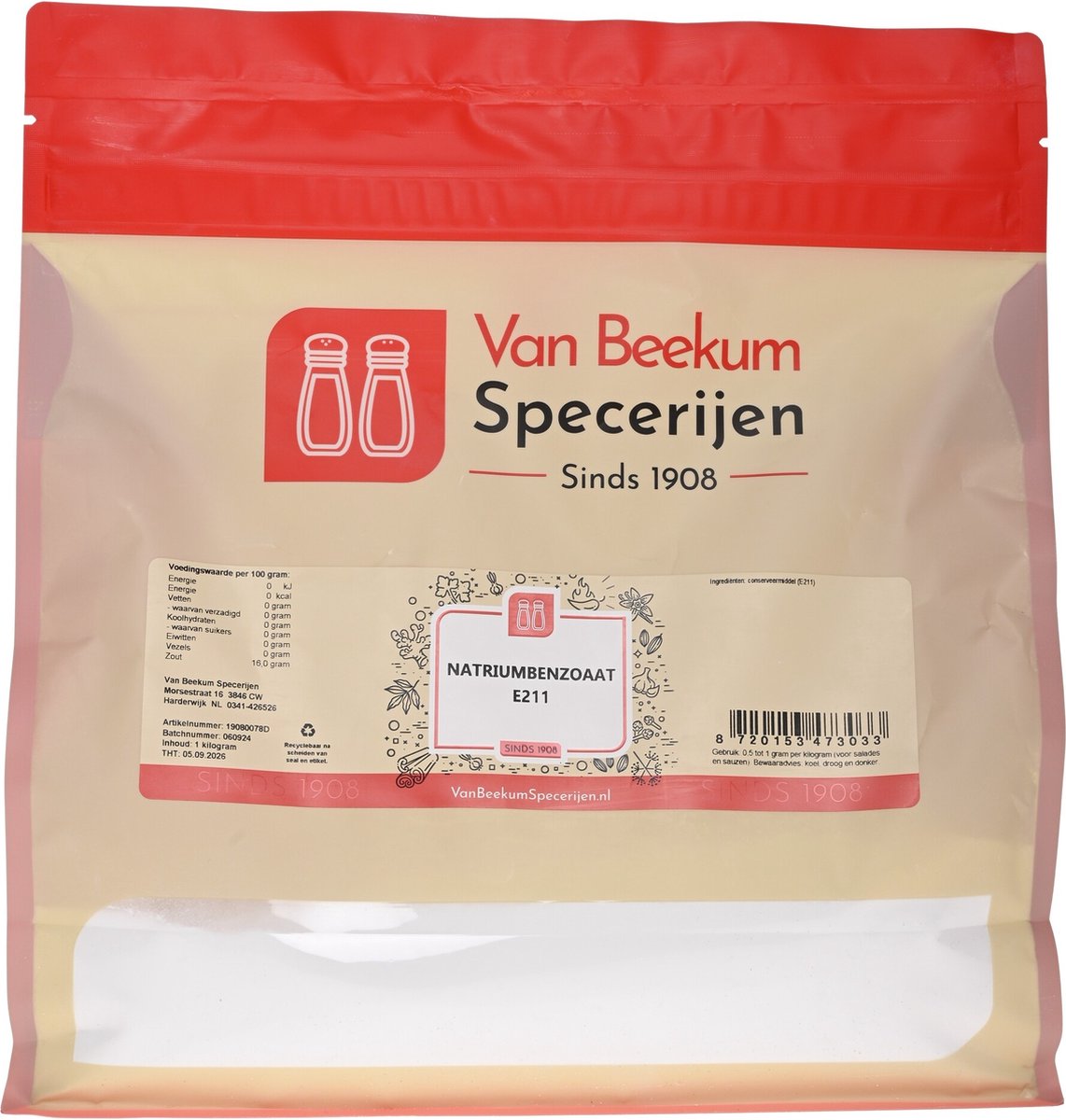 Goedkoopste Van Beekum Specerijen - Natriumbenzoaat E211 - 1 kilo (hersluitbare stazak
