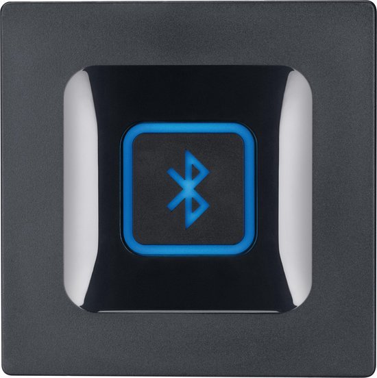 Zwarte vierkante adapter met lichtgevend blauw Bluetooth logo.