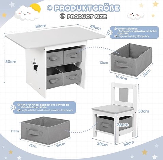 Lestarain Kindertafel Met 2 Stoelen - Witgrijs Speeltafel Met Opbergruimte En Bouwplaat