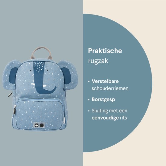Lichtblauwe kinderrugzak in de vorm van mevrouw Olifant, met verstelbare schouderbanden en borstgesp.