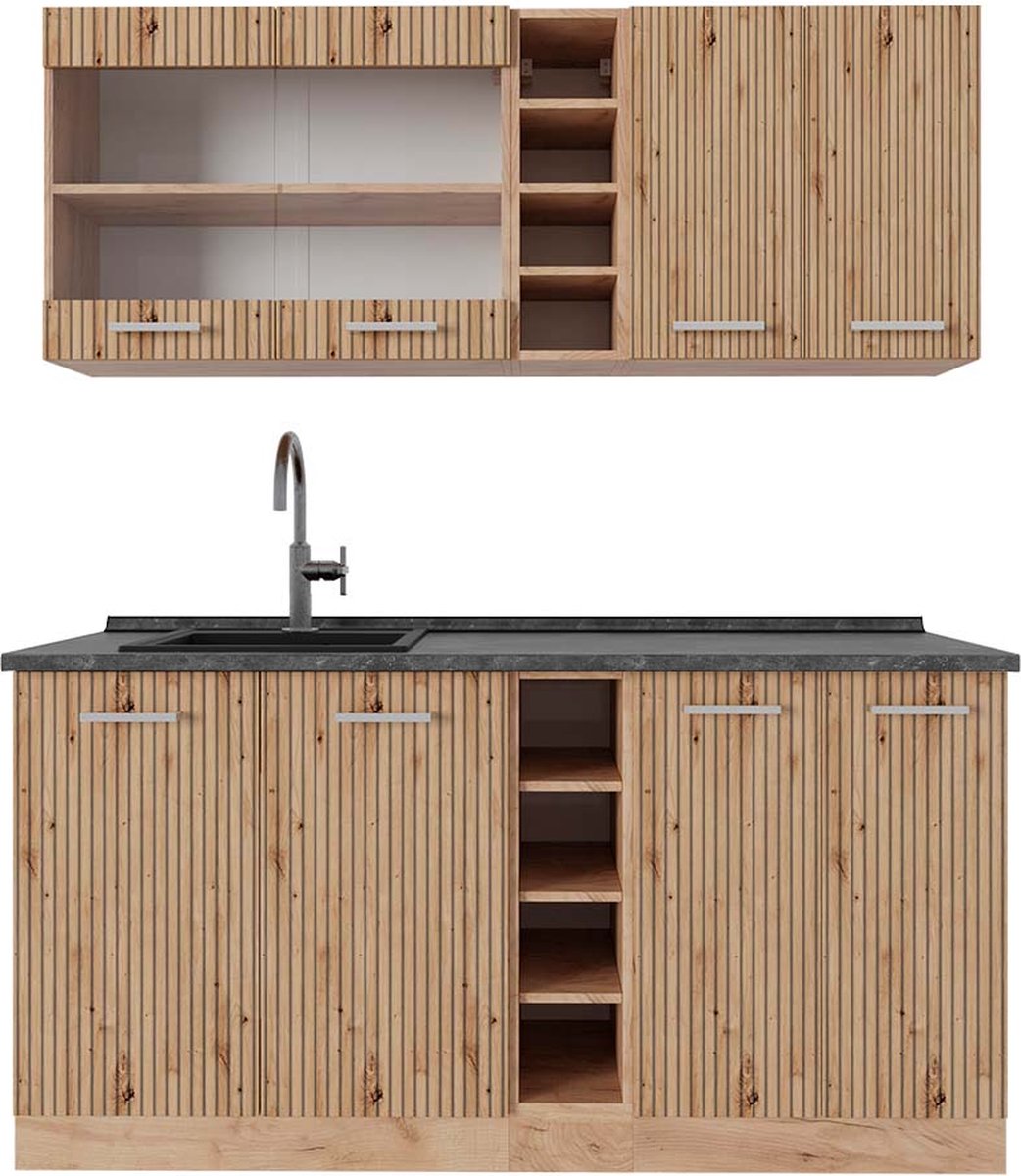 Vicco R-Line Eenpersoonskeuken – 160 cm, WB Antraciet Artisanaal eiken/Goudkraft eiken