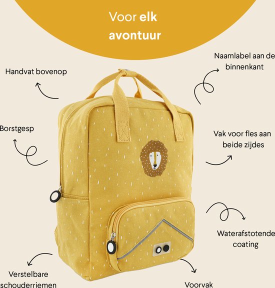 Gele rugzak met witte spikkels en een geborduurde leeuwenkop. Met borstgesp, handvat, verstelbare schouderriemen, voorvak en zijvakken.