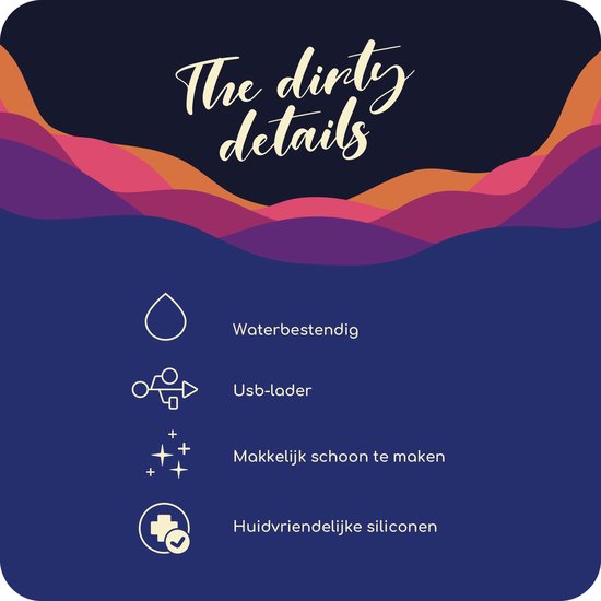 Tekst: The dirty details. Iconen tonen: waterdruppel, USB-kabel, schoonmaakmiddel, huidvriendelijke siliconen.