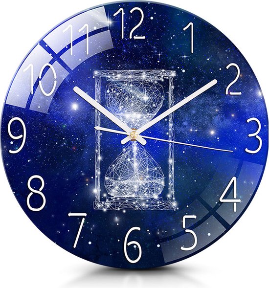 IvoQ Stille Wandklok - 30 cm - Ruimteblauw Design met Zandloper