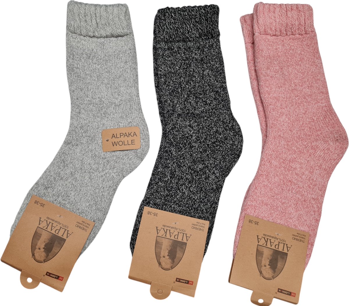 Alpaca Wollen Sokken- Huissokken - Wintersokken - Thermosokken - 3Pack - Grijs DGrijs Roze - 35 t/m 38