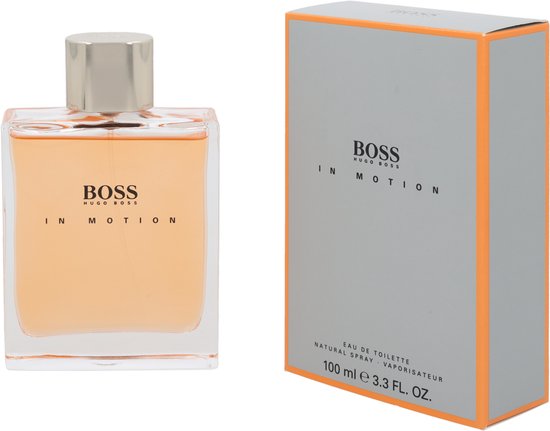 Fles en doosje BOSS HUGO BOSS IN MOTION eau de toilette 100 ml. Grijze doos met oranje rand.