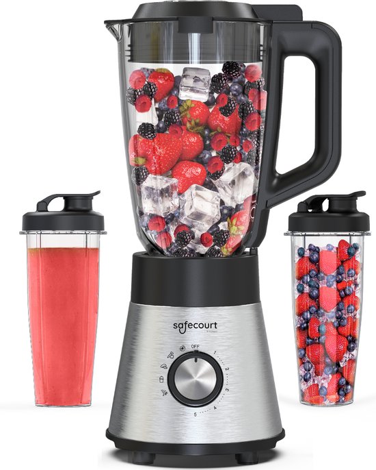Safecourt Kitchen Power Blender - 1,5L Glas & 2x 600ml To-Go beker - 1300W Smoothie maker - Krachtig, stil en eenvoudige reiniging - RVS