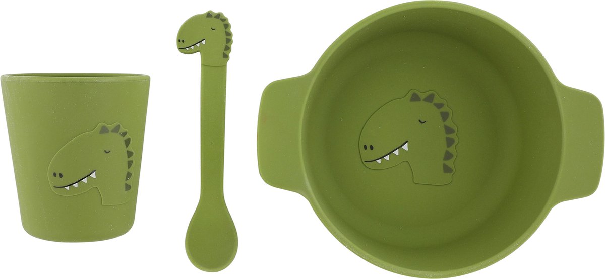 Trixie Siliconen Baby Eetset Mr. Dino - Perfect Kraamcadeau - Babyshower Gift - Set met Lepel, Beker en Kom.