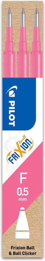 Set van 3 roze Pilot FriXion Ball 0.5mm penvullingen in verpakking met F-logo.