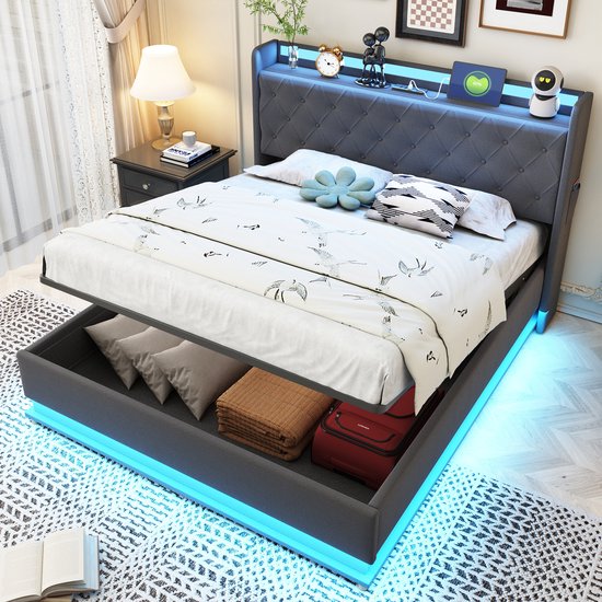 Gestoffeerd opbergbed - 90 x 200 cm - met LED's USB Type-C