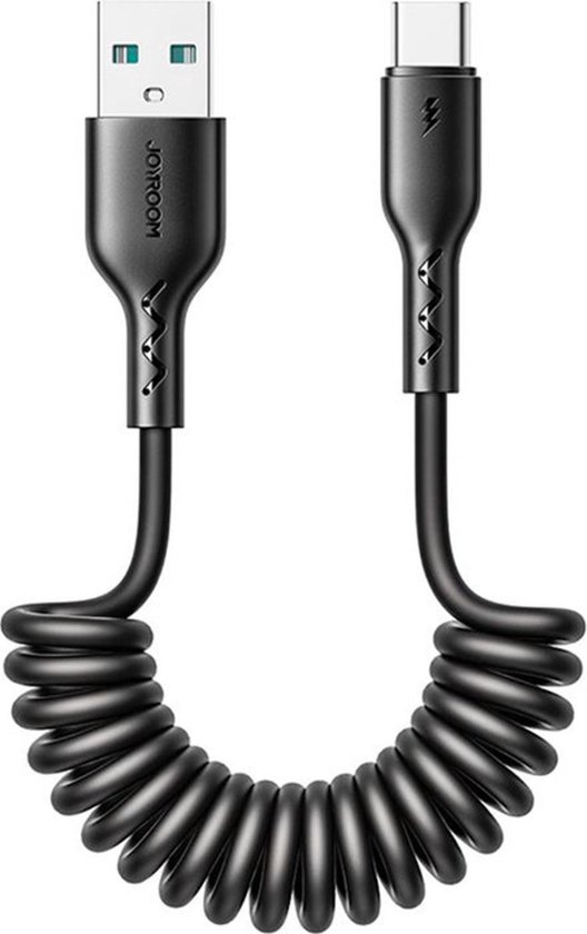 Joyroom - USB-A naar USB-C Kabel - Krulsnoer - Uitrekbare oplaadkabel - Universele oplaadkabel - 1,5 m - 30W - Zwart