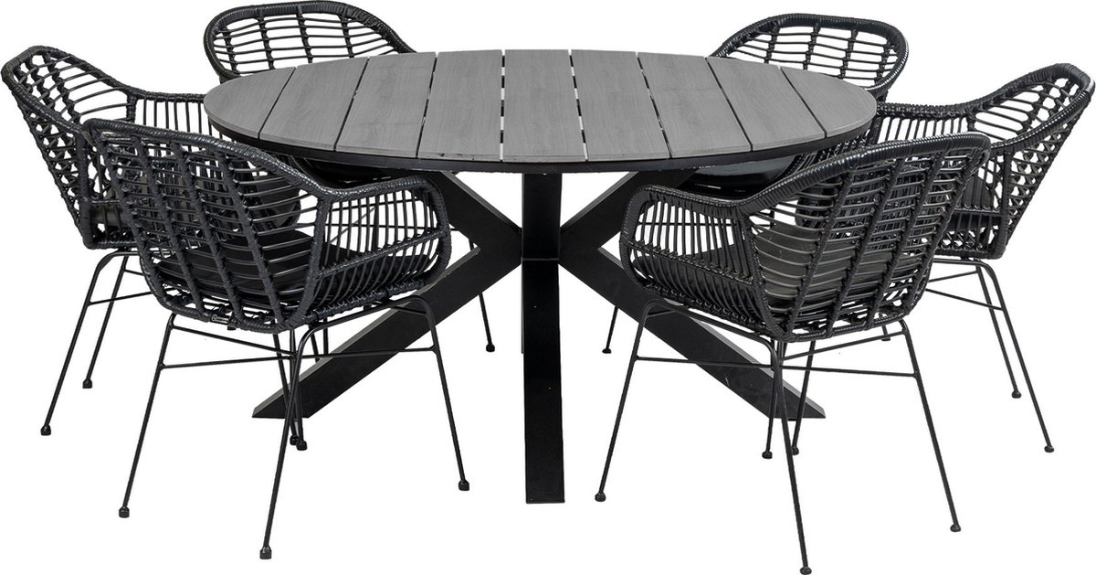 7-delige ronde tuinset | 6 Oslo dining tuinstoelen (Black) | ⌀ 150cm Cyprus tuintafel (Grey)