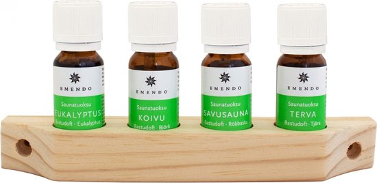 Emendo set Sauna geuren 4x10ml inclusief houten rekje - Opgietmiddel Sauna