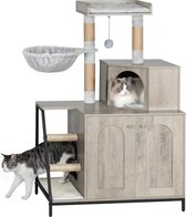 Bol.com 4-in-1 Kattenbak Kast - Kattenhuis Met Krabmat - Kattenmand - Halmeubel – Dierenhuis Met Palen En Trap - Nachtkastje - K... aanbieding