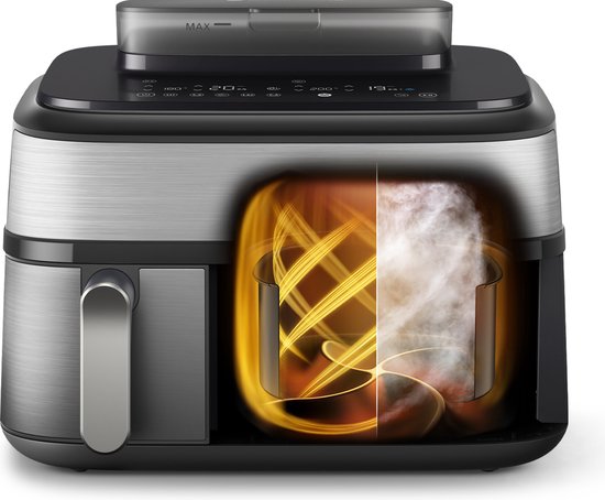 Zilverkleurige en zwarte Philips dubbele airfryer, gedeeltelijk geopend, met weergave van hete lucht circulatie.