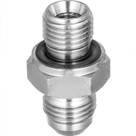Zilveren metalen connector met schroefdraad aan beide zijden en een zwarte ring.