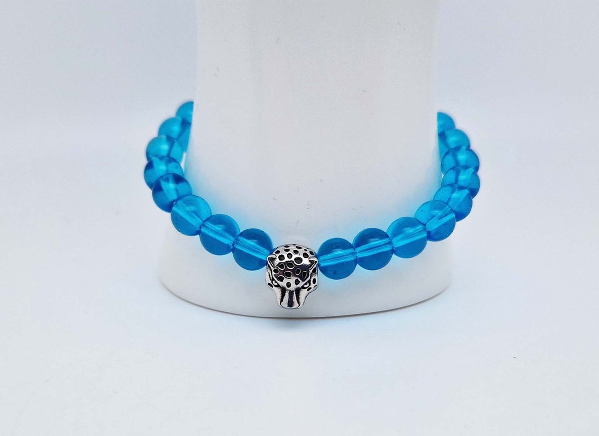 Handgemaakte natuursteen armband met Metalen vorm - Model 15 - "Blauwe kwarts" -8 mm diameter van de korrel- Diameter armband 20 cm - Een mooi cadeau voor familie en vrienden