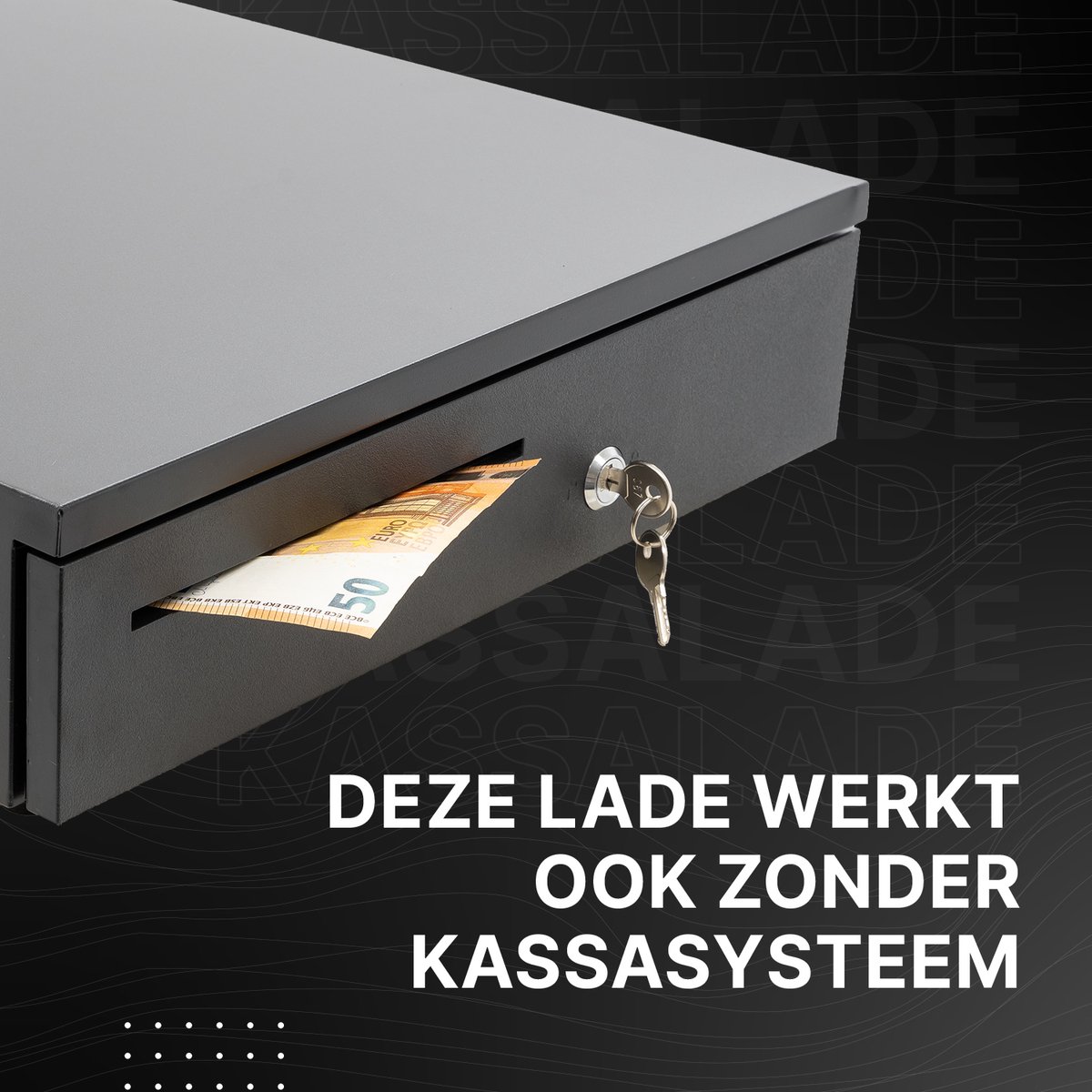 POS VALLEY Kleine mini-kassalade, handmatige opening met opdruk op de voorkant en sleutels, inzet voor contant geld, 4 bankbiljetten en 8 munten (euro), 33 x 35 cm (zwart