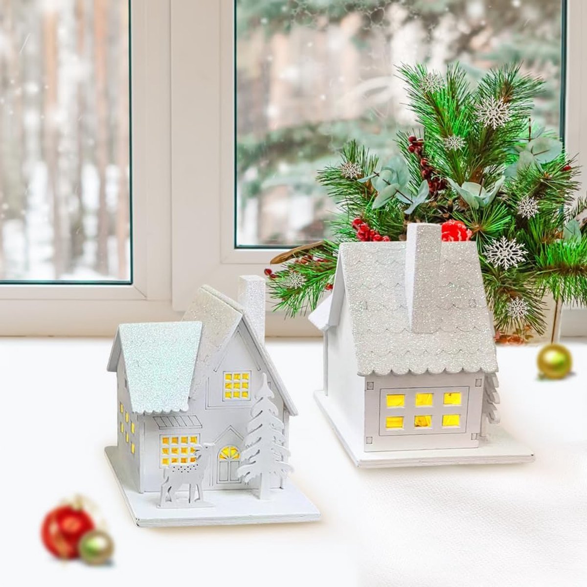 Set van 3 kerstdorpen met verlichting - kabouterhuis met licht - led-houten kerstdecoratie - kerstdecoratie - Amerikaanse kerstdecoratie - binnendecoratie - mini-kerststad – foto 2