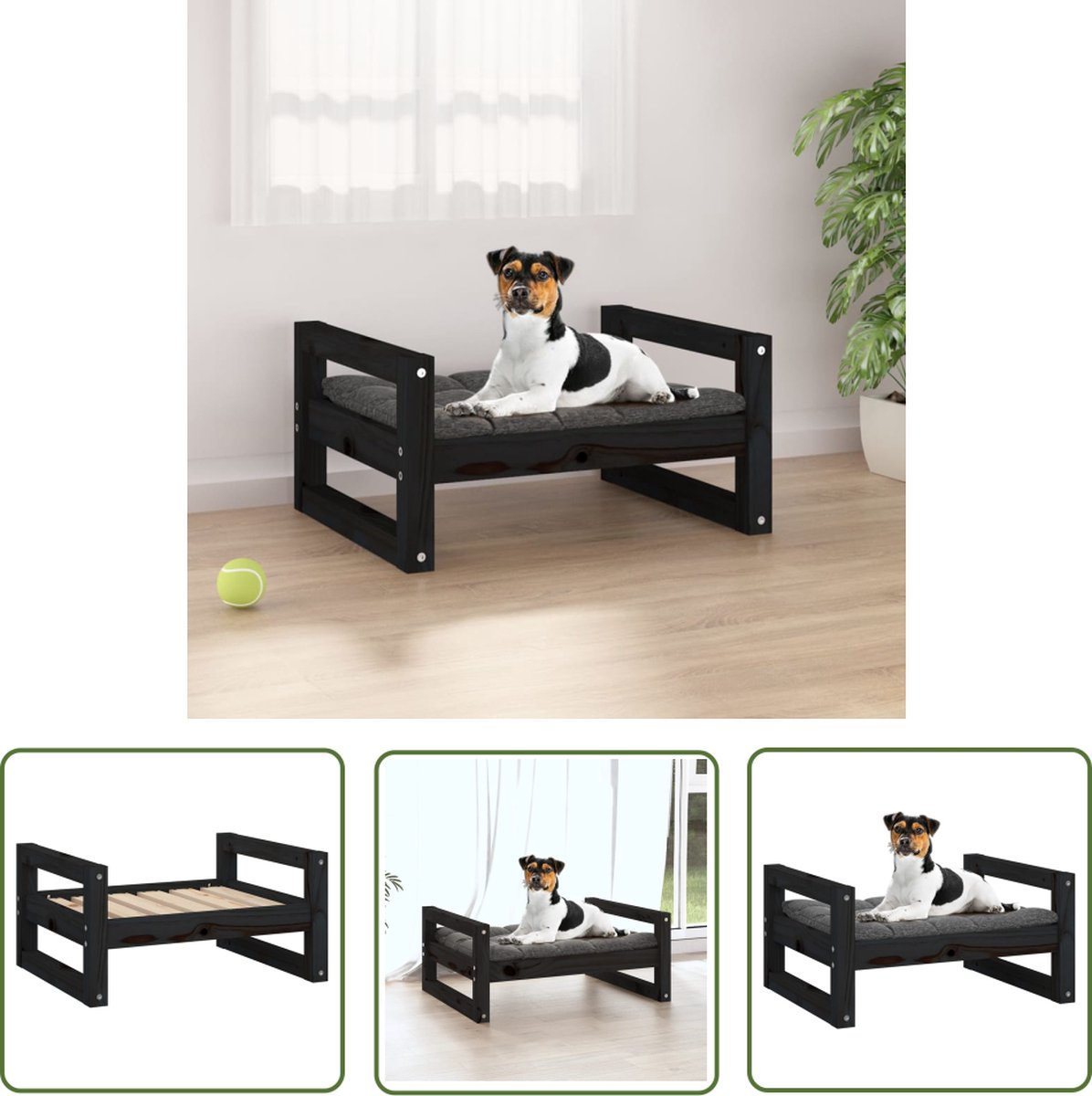 The Living Store Hondenmand 55,5×45,5×28 cm massief grenenhout zwart – Hondenmand – Hondenbed – Massief Hout – Grenenhout – Honden Accessoires