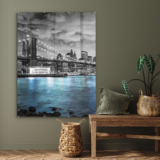 MuchoWow® Tableau sur verre 90x120 cm - Tableau sur verre acrylique - New York - Skyline - Ville - Blauw - Photo sur verre - Décoration murale salon - Décoration murale chambre - Peintures