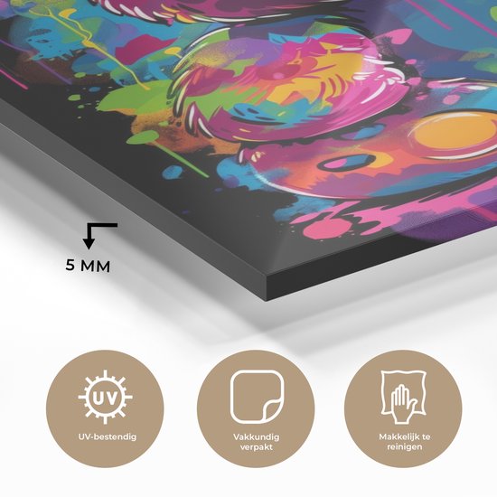 MuchoWow® Glasschilderij 90x120 cm - Schilderij acrylglas - Beer - Verf - Kleurrijk - Knuffeldier - Foto op glas - Muurdecoratie woonkamer - Wanddecoratie slaapkamer - Schilderijen