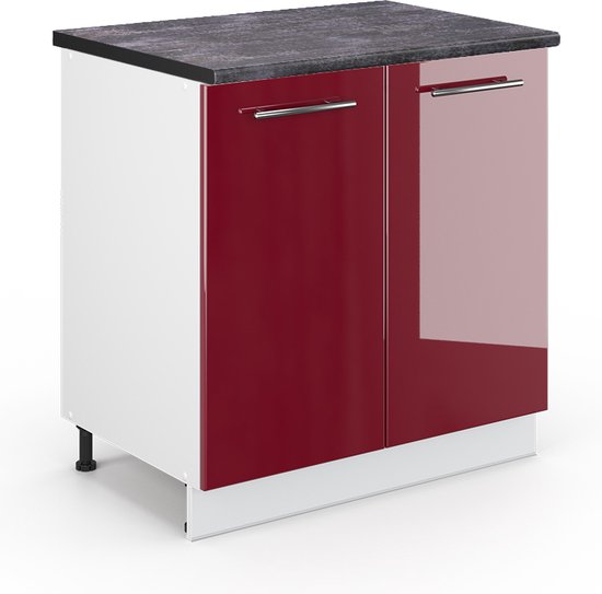 Meuble sous- Cuisine Vicco Fame- Line - 80 cm avec étagère, évier Anthracite Bordeaux rouge brillant avec étagère, évier Anthracite