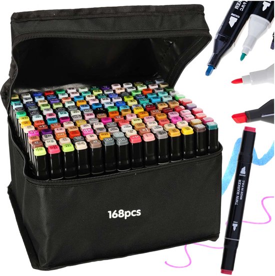 BVT® Gekleurde Twinmarkers – 168 Stuks – Professionele Alcohol Markers – Dubbelzijdige Tip – Stiften – Met Opbergtas