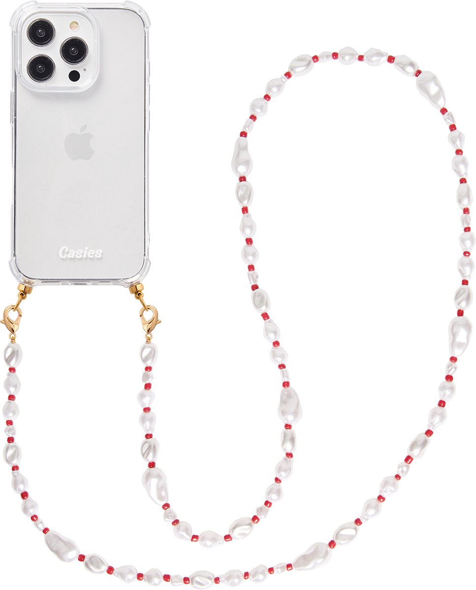 Casies hoesje geschikt voor Apple iPhone 15 Pro Max met Ruby koord - Kleurrijke kralen en parel mix ketting - Long Size - Cord Case - Telefoonhoesje met chunky parelkoord
