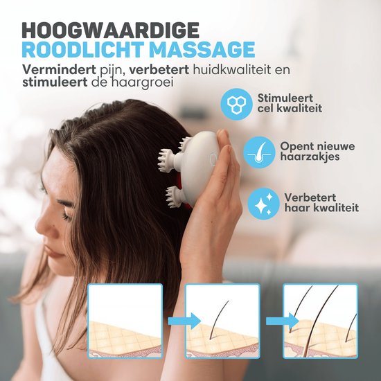 Vrouw gebruikt witte hoofdmassager. Illustraties tonen haarstimulatie en haarverbetering.