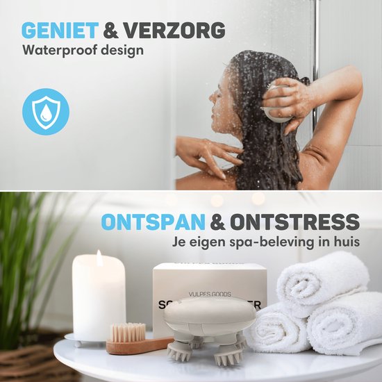 Boven: vrouw onder de douche met hoofdmassager. Beneden: massager op tafel met handdoeken en kaars.
