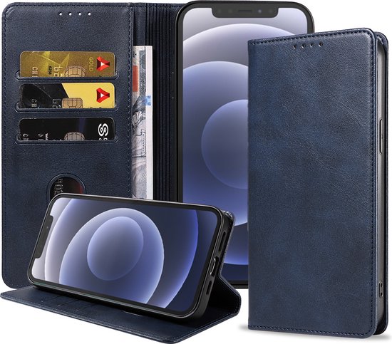 Coque iPhone 12 en Cuir Blauw - Coque iPhone 12 en Cuir de Luxe avec Fermeture Magnétique Blauw - Couverture de Bookcase en Cuir Blauw avec Porte-Cartes pour iPhone 12 - Smartphonica