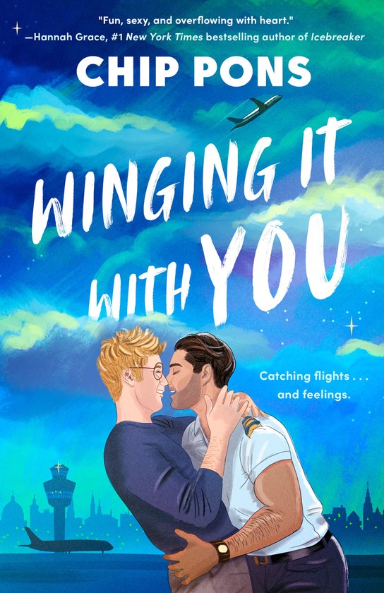 Couverture du livre 'Winging It with You' par Chip Pons, représentant deux hommes s'enlaçant, avec un aéroport en arrière-plan.