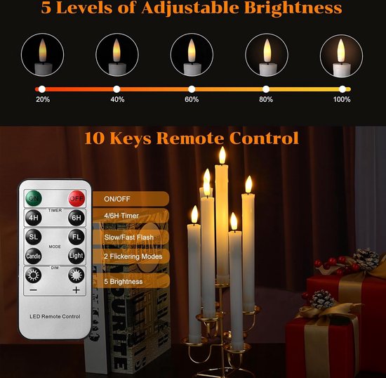 Da 6 stuks vlamloze raamkaars met afstandsbediening en timer, werkt op batterijen met lichtslingers, 9,6 inch kerstkaars met 6 zwarte basis voor woondecoratie