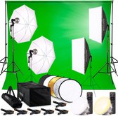 Pixetool Green screen 3 x 3M met Achtergrondsysteem 2,6 x 3M – Fotostudio Set – Greenscreen Set – Inclusief, Softbox, Paraplu’s, Lamphouders, LED lampen, Reflectiescherm & Draagtas
