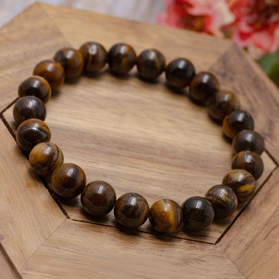 Bixorp Gems Bracelet en Pierres Précieuses Oeil de Tigre - Bracelet Noir Poli - Cadeau pour Homme et Femme - Naturellement Sculpté - 18cm