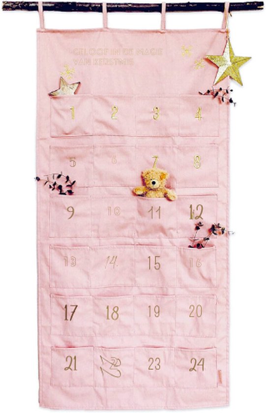 Adventskalender 2024 Als Wandkalender Van Stof Om Te Vullen - Roze En Goud - Hoogwaardig Geborduurd - Stoffen Zak - Cadeauzakjes - Herbruikbaar - Set Nr. 33