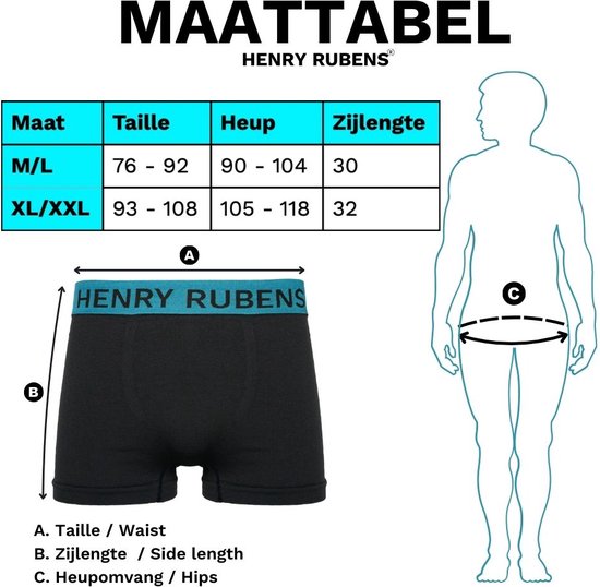 Maattabel voor boxershorts met elastische band van Henry Rubens. Beschikbare maten: M/L en XL/XXL.